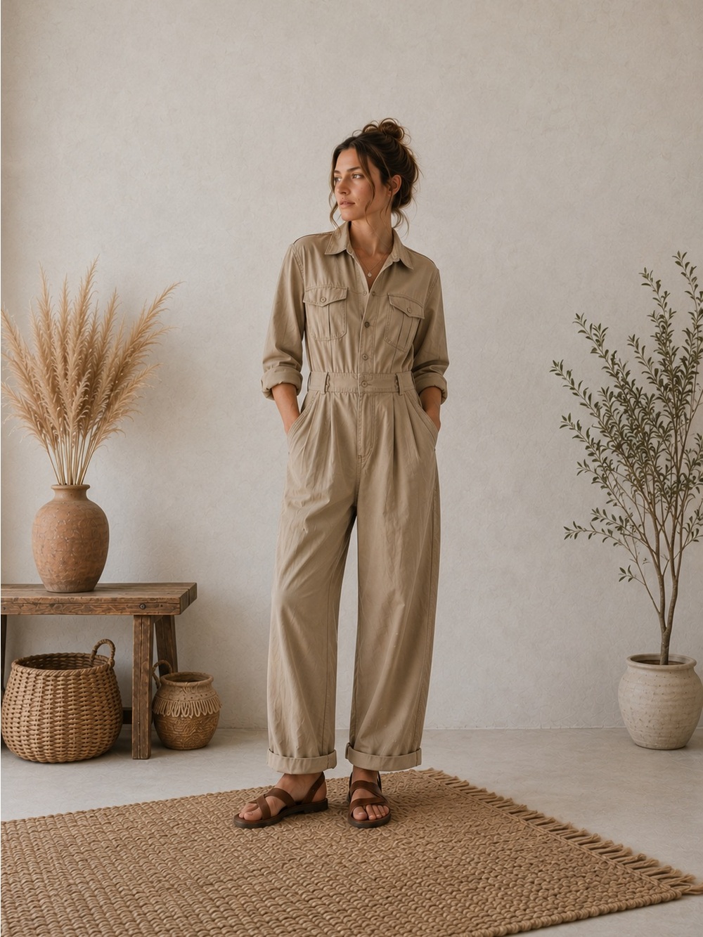Vintage Liz Wear Utility Canvas Jumpsuit Womens 8 Khaki L Mechanic Safari Boho